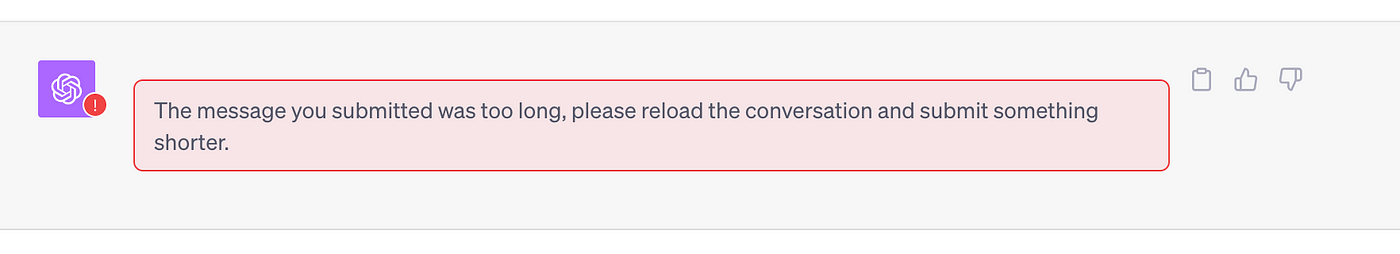 Screen capture of ChatGPT showing that message too long
